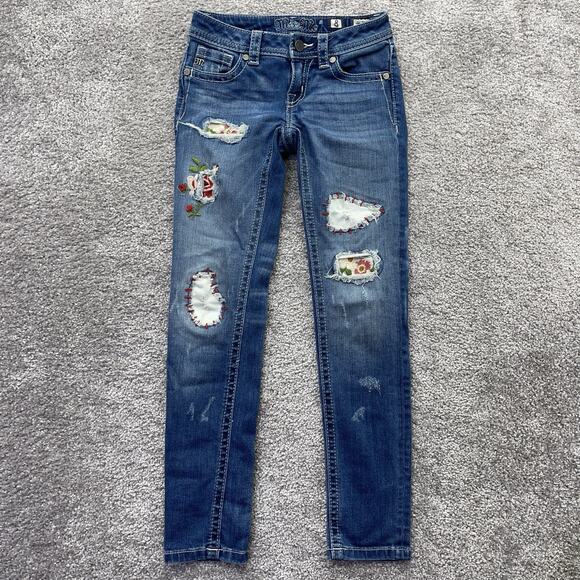 Miss Me Jeans Girls 8 Skinny Blue Denim Distressed Rips Floral Kids Stretch - Picture 1 of 13